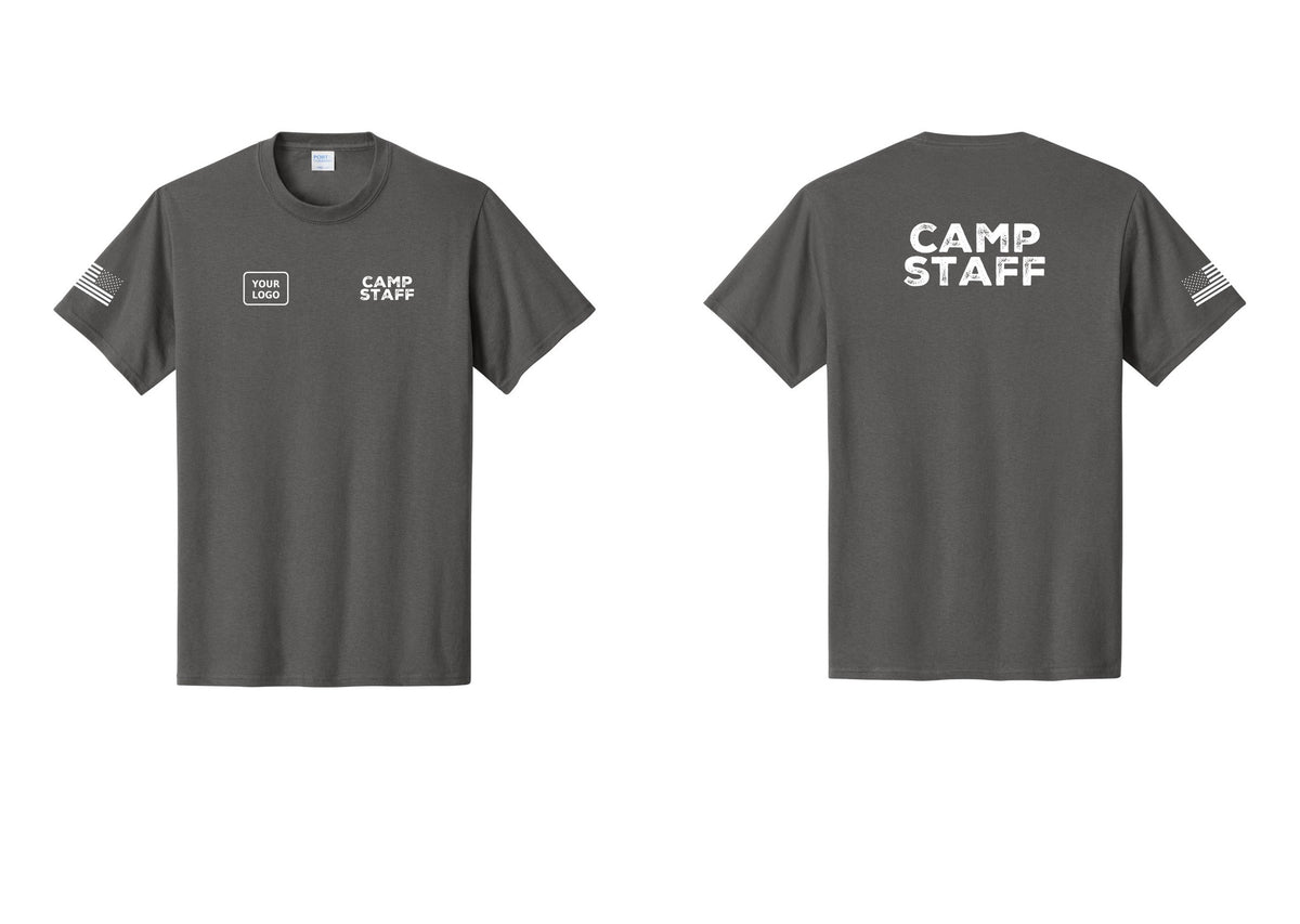 NYC Factory Unisex Custom Logo Camp Staff T-Shirt - CAMP STAFF + Your Logo + Back + US Flag Sleeve - Charcoal