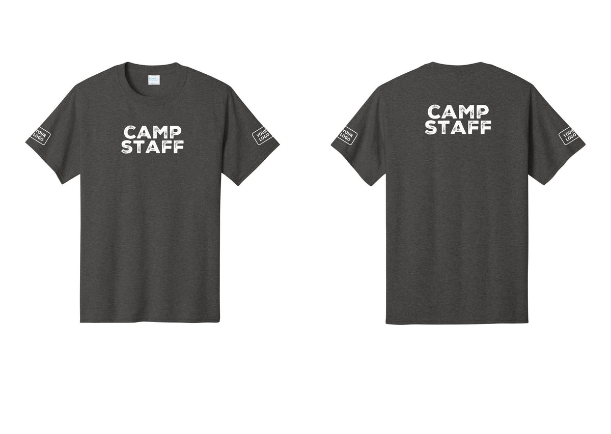 NYC Factory Unisex Custom Logo Camp Staff T-Shirt - Front + Back + Your Logo Sleeves - Dark Heather Grey