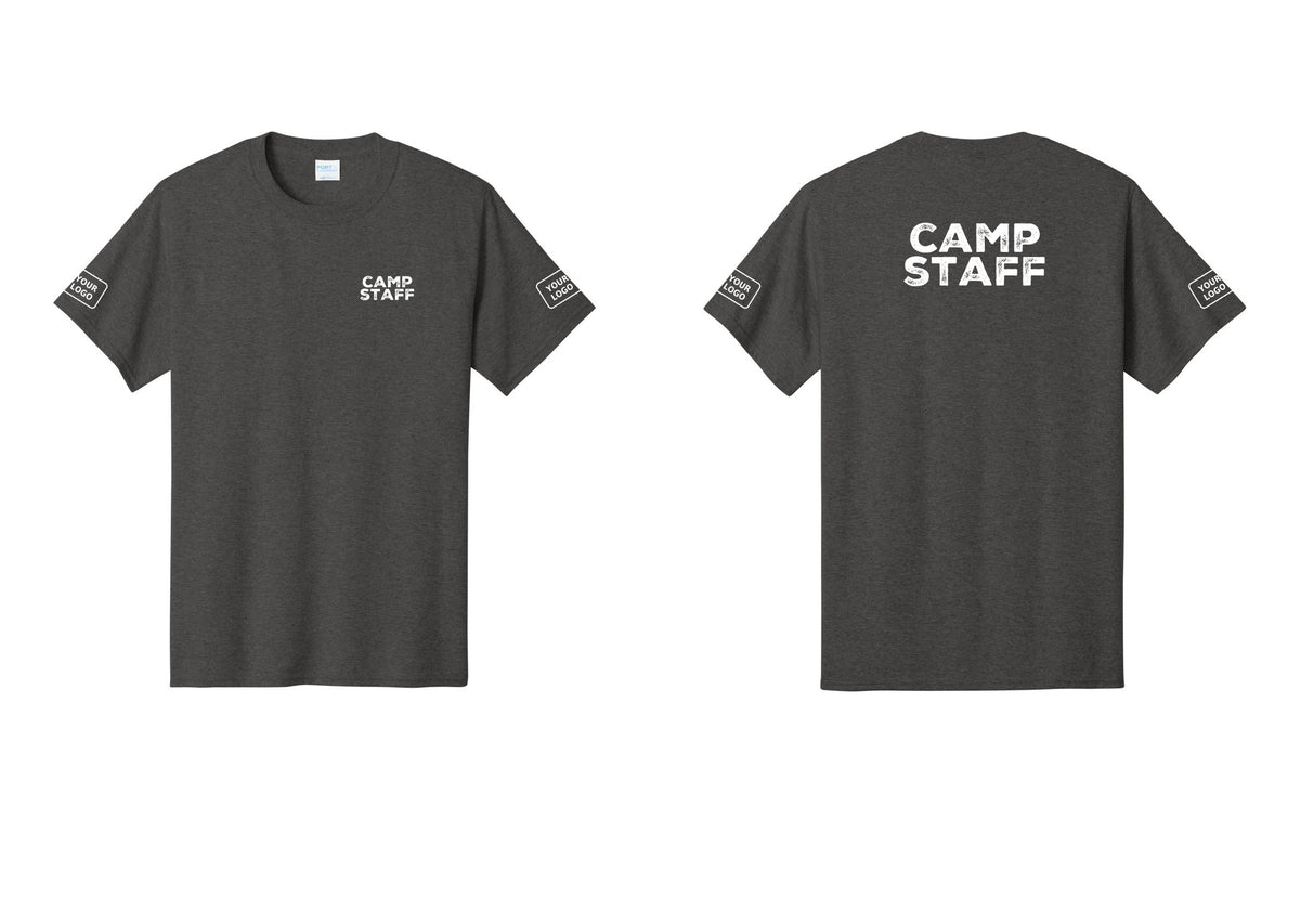 NYC Factory Unisex Custom Logo Camp Staff T-Shirt - Chest + Back + Your Logo Sleeves - Dark Heather Grey