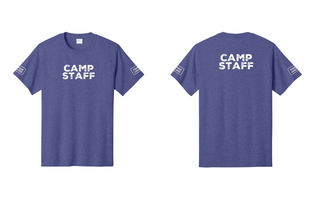 NYC Factory Unisex Custom Logo Camp Staff T-Shirt - Front + Back + Your Logo Sleeves - Heather Purple