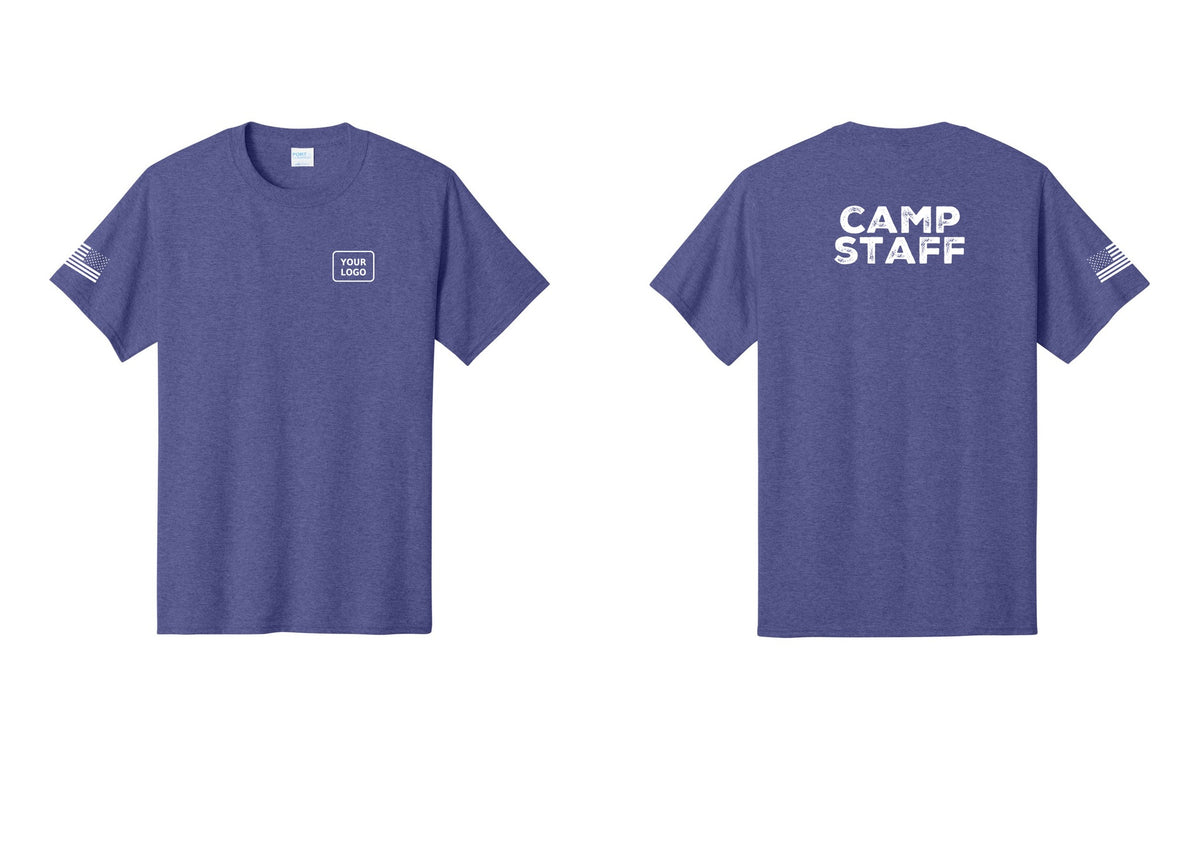 NYC Factory Unisex Custom Logo Camp Staff T-Shirt - Your Logo + Back + US Flag Sleeve - Heather Purple