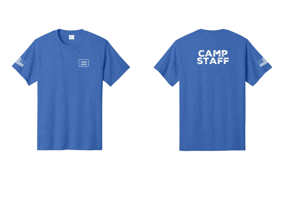 NYC Factory Custom Logo Camp Staff T-Shirt - Your Logo + Back + US Flag Sleeve - Heather Royal
