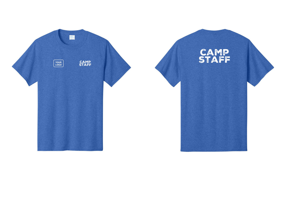 NYC Factory Unisex Custom Logo Camp Staff T-Shirt - CAMP STAFF + Your Logo + Back - Heather Royal