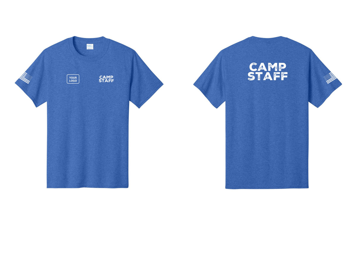 NYC Factory Custom Logo Camp Staff T-Shirt - CAMP STAFF + Your Logo + Back + US Flag Sleeve - Heather Royal