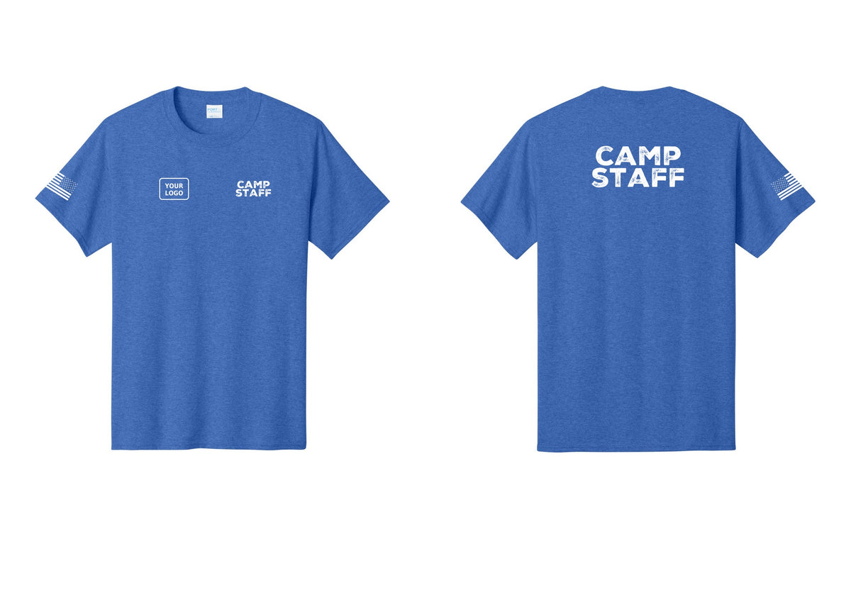 NYC Factory Unisex Custom Logo Camp Staff T-Shirt - CAMP STAFF + Your Logo + Back + US Flag Sleeve - Heather Royal