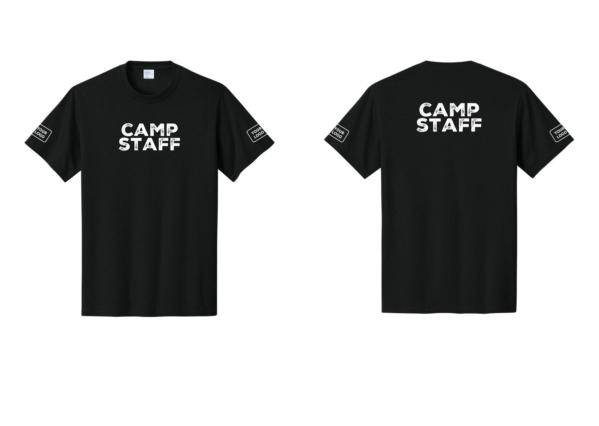 NYC Factory Unisex Custom Logo Camp Staff T-Shirt - Front + Back + Your Logo Sleeves - Black