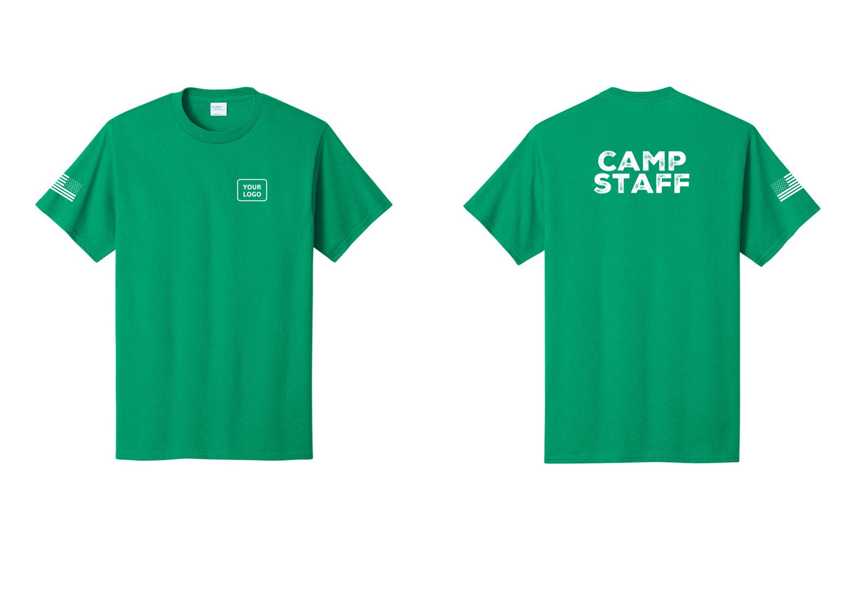 NYC Factory Custom Logo Camp Staff T-Shirt - Your Logo + Back + US Flag Sleeve - Kelly