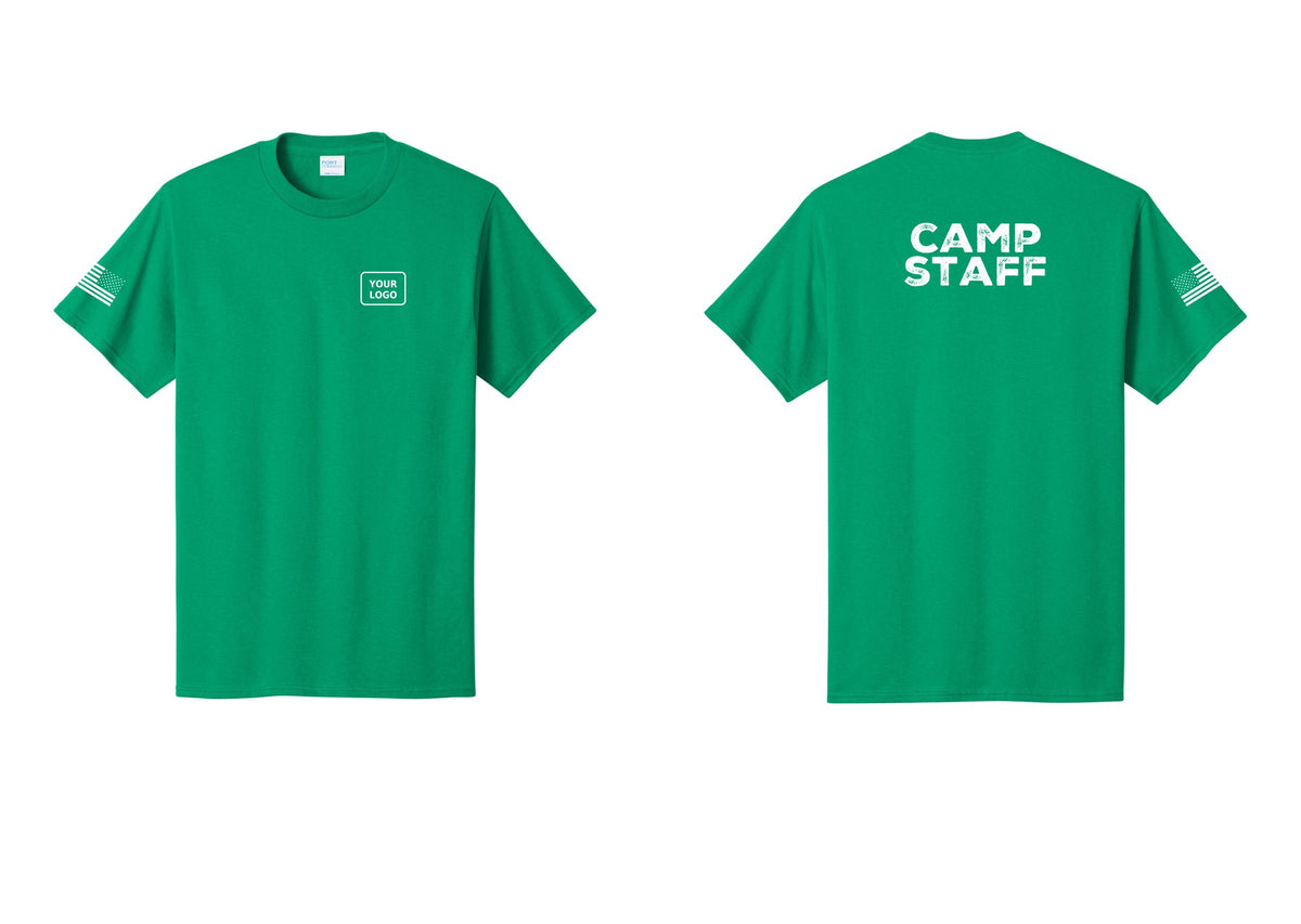 NYC Factory Unisex Custom Logo Camp Staff T-Shirt - Your Logo + Back + US Flag Sleeve - Kelly