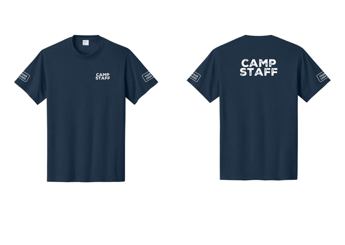 NYC Factory Unisex Custom Logo Camp Staff T-Shirt - Chest + Back + Your Logo Sleeves - Navy