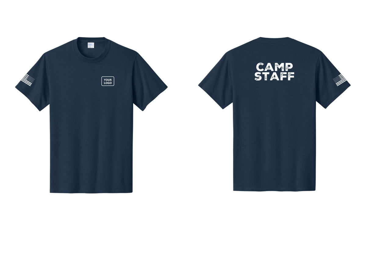 NYC Factory Unisex Custom Logo Camp Staff T-Shirt - Your Logo + Back + US Flag Sleeve - Navy