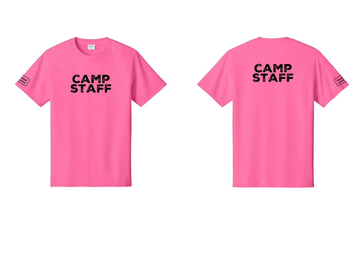 NYC Factory Custom Logo Camp Staff T-Shirt - Front + Back + Your Logo Sleeve - Neon Pink