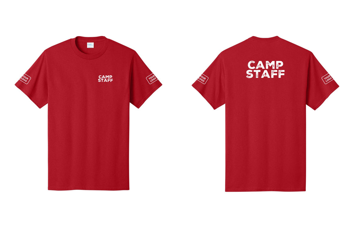 NYC Factory Unisex Custom Logo Camp Staff T-Shirt - Chest + Back + Your Logo Sleeves - Red