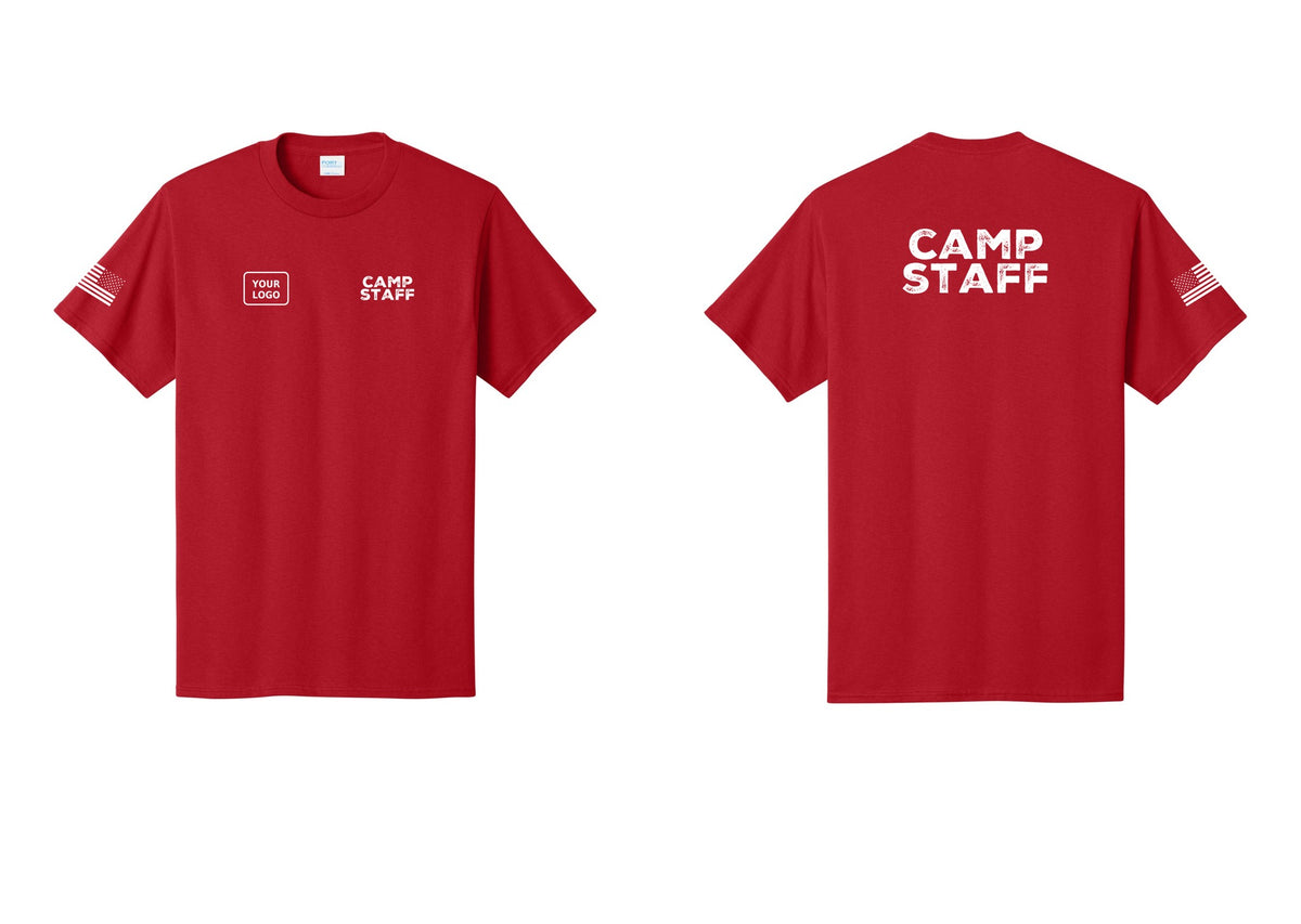 NYC Factory Custom Logo Camp Staff T-Shirt - CAMP STAFF + Your Logo + Back + US Flag Sleeve - Red