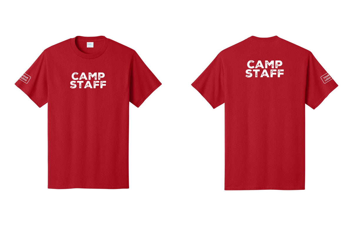 NYC Factory Unisex Custom Logo Camp Staff T-Shirt - Front + Back + Your Logo Sleeve - Red