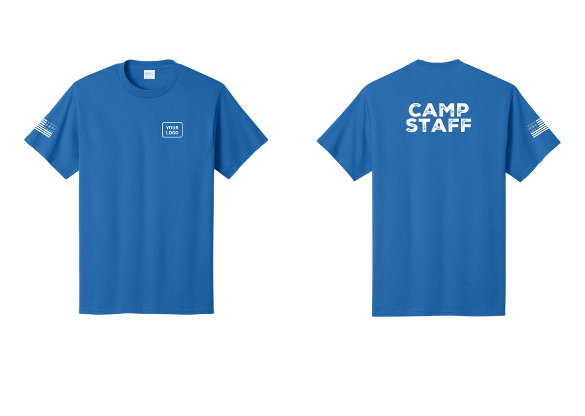 NYC Factory Custom Logo Camp Staff T-Shirt - Your Logo + Back + US Flag Sleeve - Royal