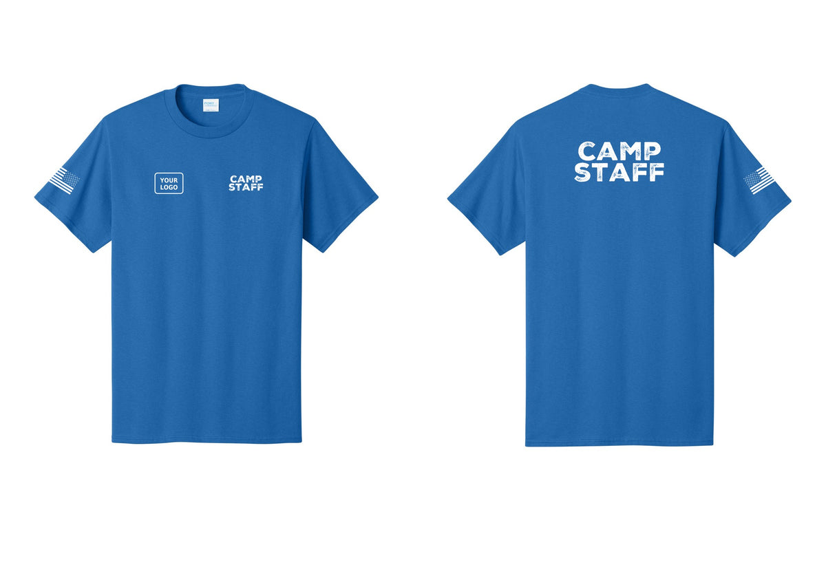 NYC Factory Unisex Custom Logo Camp Staff T-Shirt - CAMP STAFF + Your Logo + Back + US Flag Sleeve - Royal