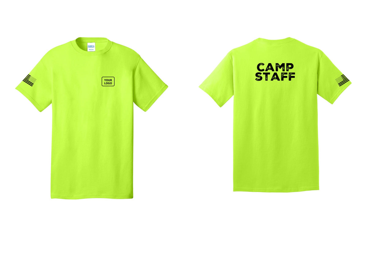 NYC Factory Unisex Custom Logo Camp Staff T-Shirt - Your Logo + Back + US Flag Sleeve - Safety Green