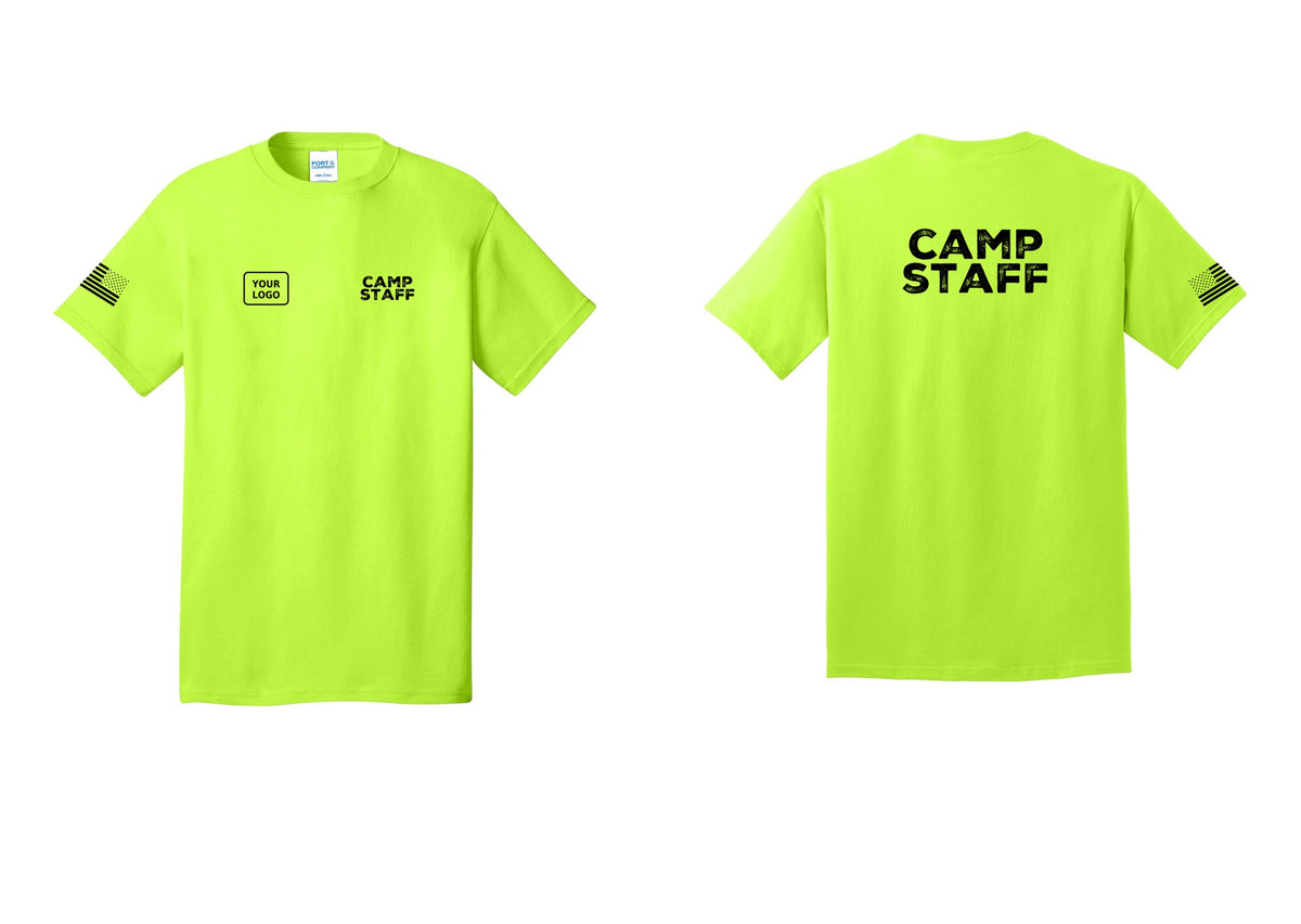NYC Factory Custom Logo Camp Staff T-Shirt - CAMP STAFF + Your Logo + Back + US Flag Sleeve - Safety Green