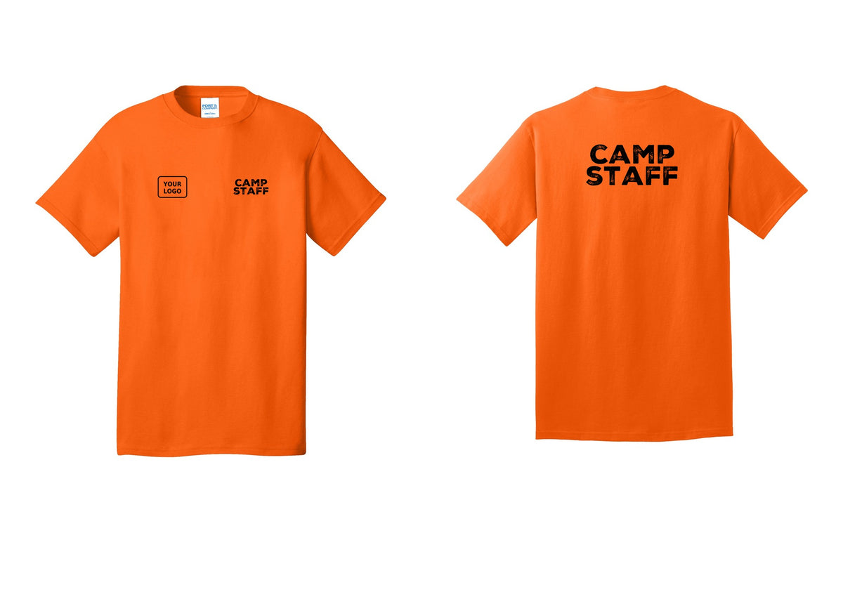 NYC Factory Unisex Custom Logo Camp Staff T-Shirt - CAMP STAFF + Your Logo + Back - Safety Orange