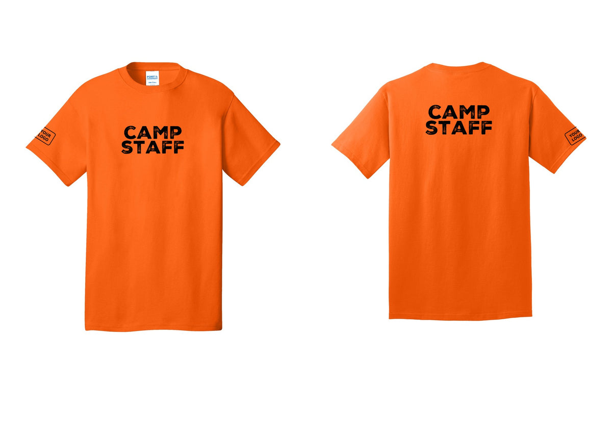 NYC Factory Unisex Custom Logo Camp Staff T-Shirt - Front + Back + Your Logo Sleeve - Safety Orange