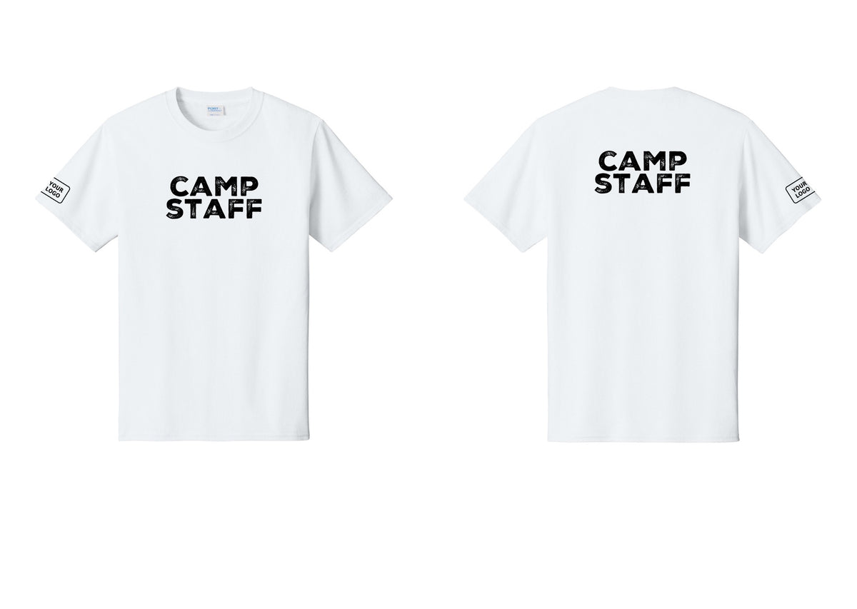 NYC Factory Custom Logo Camp Staff T-Shirt - Front + Back + Your Logo Sleeve - White