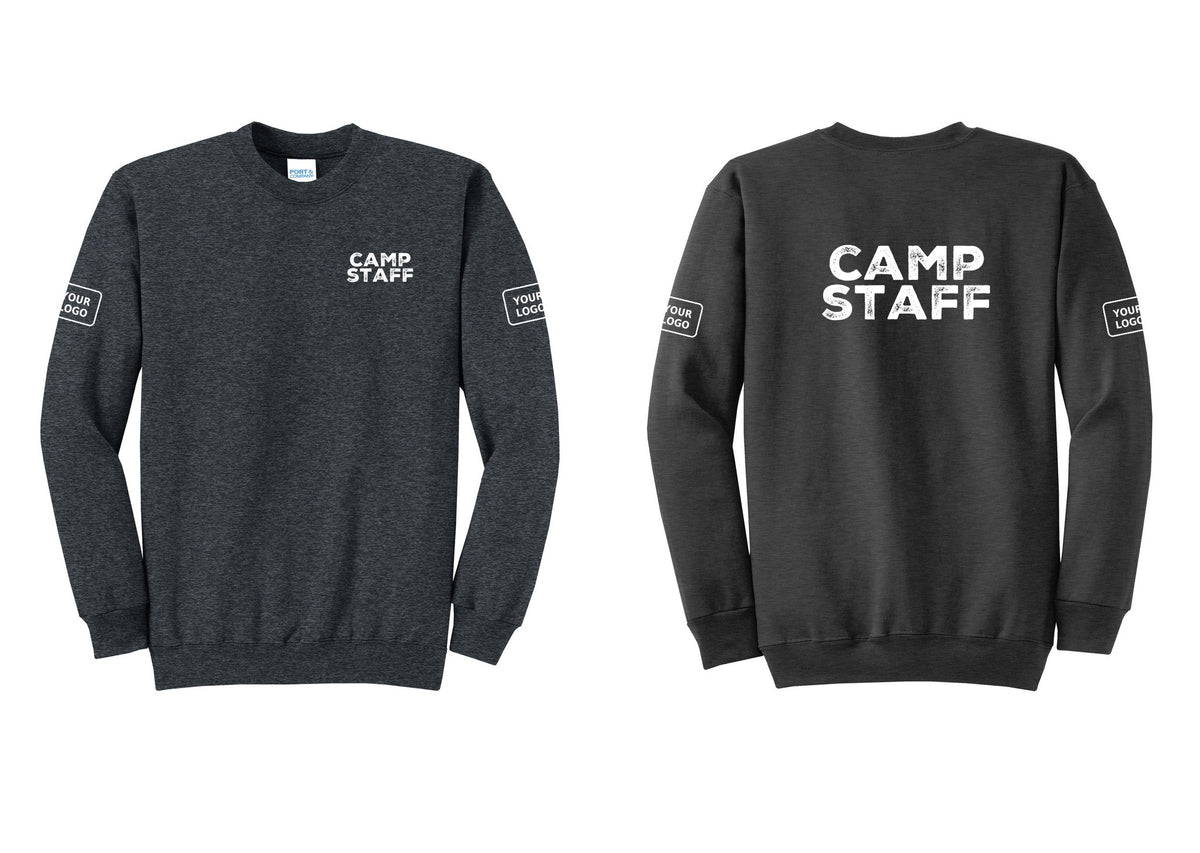 NYC Factory Custom Logo Camp Staff Cotton Fleece Crewneck Sweatshirt (Rustic) - Chest + Back + Your Logo Sleeves - Dark Heather Grey