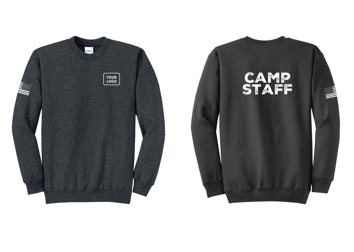 NYC Factory Custom Logo Camp Staff Cotton Fleece Crewneck Sweatshirt (Rustic) - Your Logo + Back + US Flag Sleeve - Dark Heather Grey