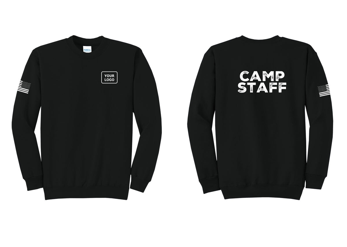 NYC Factory Custom Logo Camp Staff Cotton Fleece Crewneck Sweatshirt (Rustic) - Your Logo + Back + US Flag Sleeve - Black