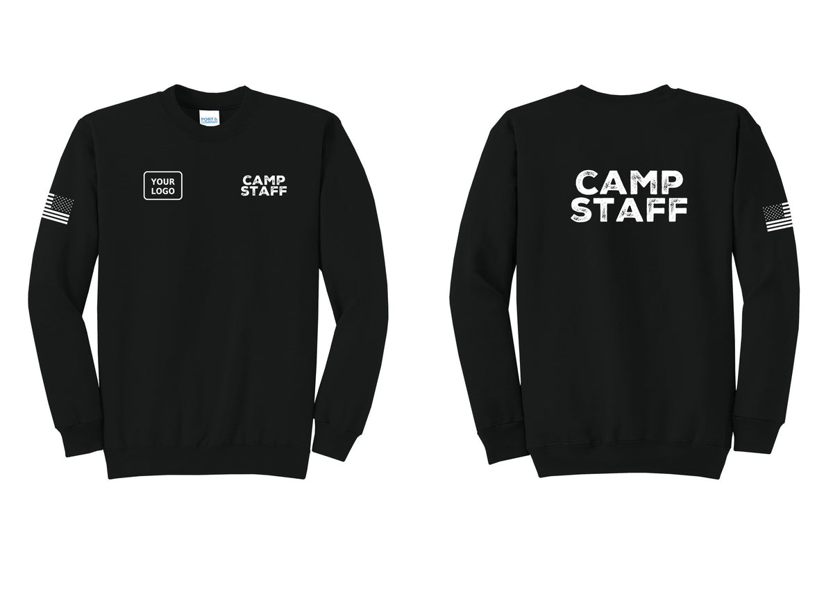 NYC Factory Custom Logo Camp Staff Cotton Fleece Crewneck Sweatshirt (Rustic) - CAMP STAFF + Your Logo + Back + US Flag Sleeve - Black