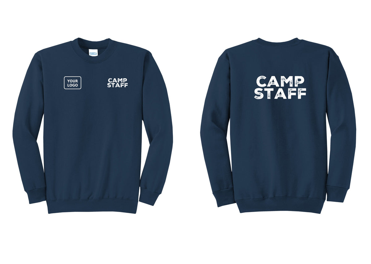 NYC Factory Custom Logo Camp Staff Cotton Fleece Crewneck Sweatshirt (Rustic) - CAMP STAFF + Your Logo + Back - Navy