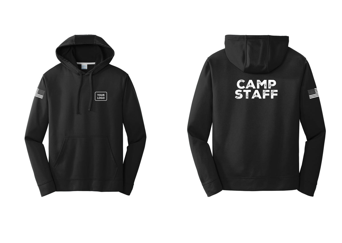 NYC Factory Custom Logo Camp Staff Performance Hooded Fleece Pullover Sweatshirt (Rustic) - Your Logo + Back + US Flag Sleeve - Black