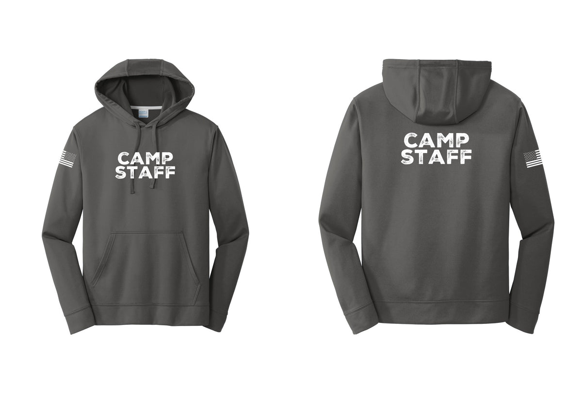 NYC Factory Camp Staff Performance Hooded Fleece Pullover Sweatshirt (Rustic) - Front + Back + US Flag Sleeve - Charcoal