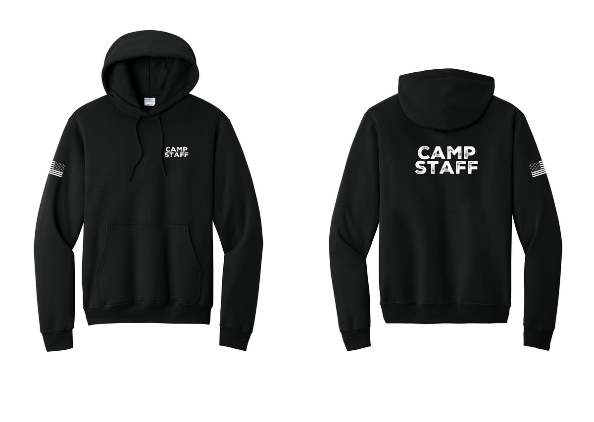 NYC Factory Camp Staff Cotton Fleece Pullover Hoodie (Rustic) - Chest + Back + US Flag Sleeve - Black