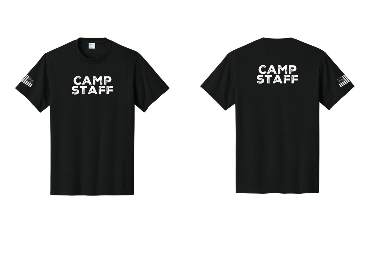 NYC Factory Camp Staff T-Shirt - Front + Back + US Flag Sleeve - Black