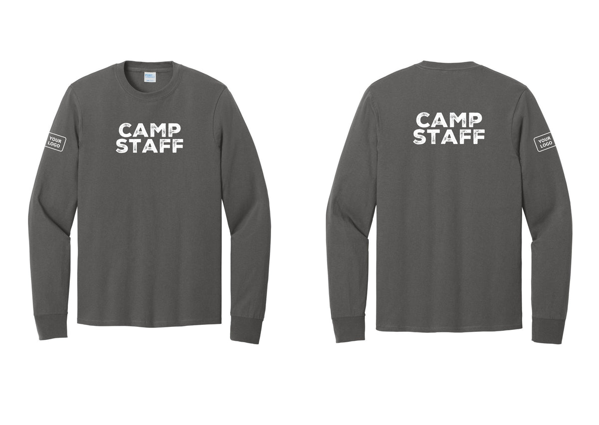 NYC Factory Custom Logo Camp Staff Cotton Long Sleeve T-Shirt (Rustic) - Front + Back + Your Logo Sleeve - Charcoal