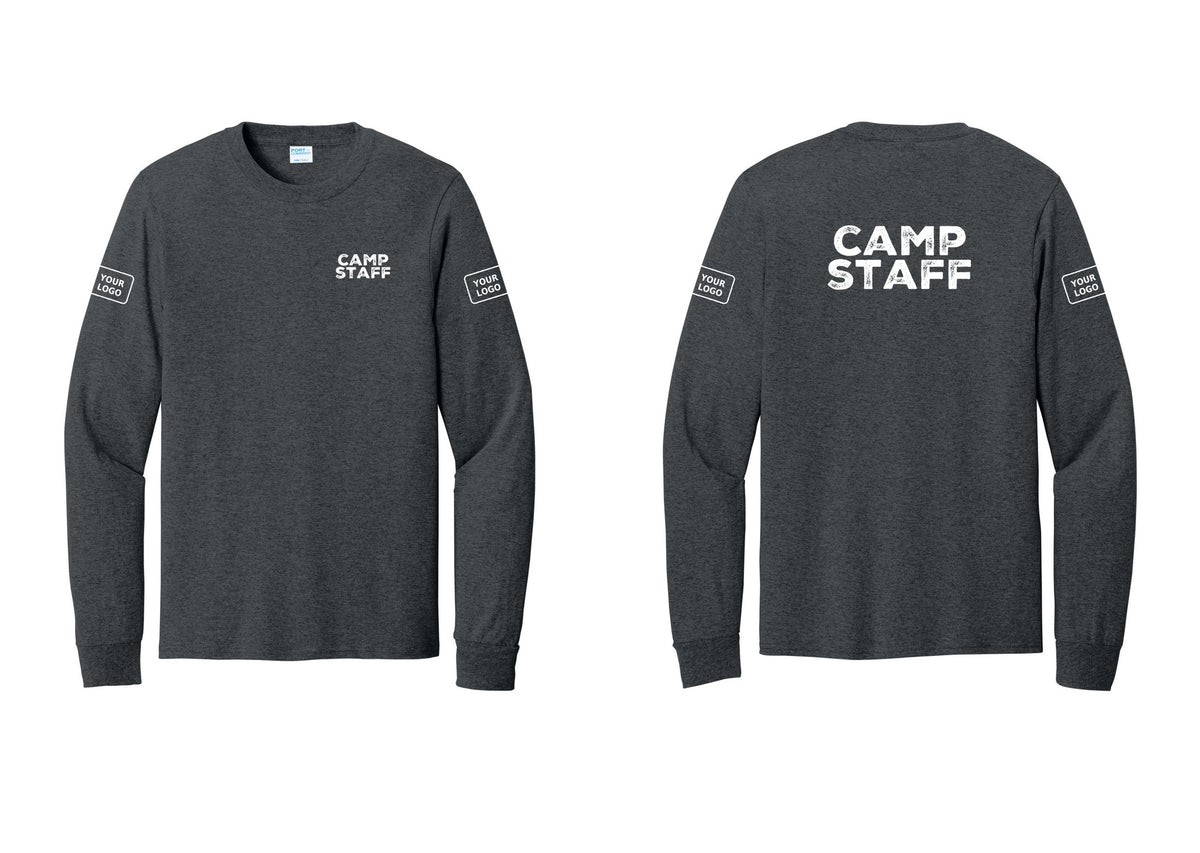 NYC Factory Custom Logo Camp Staff Cotton Long Sleeve T-Shirt (Rustic) - Chest + Back + Your Logo Sleeves - Dark Heather Grey
