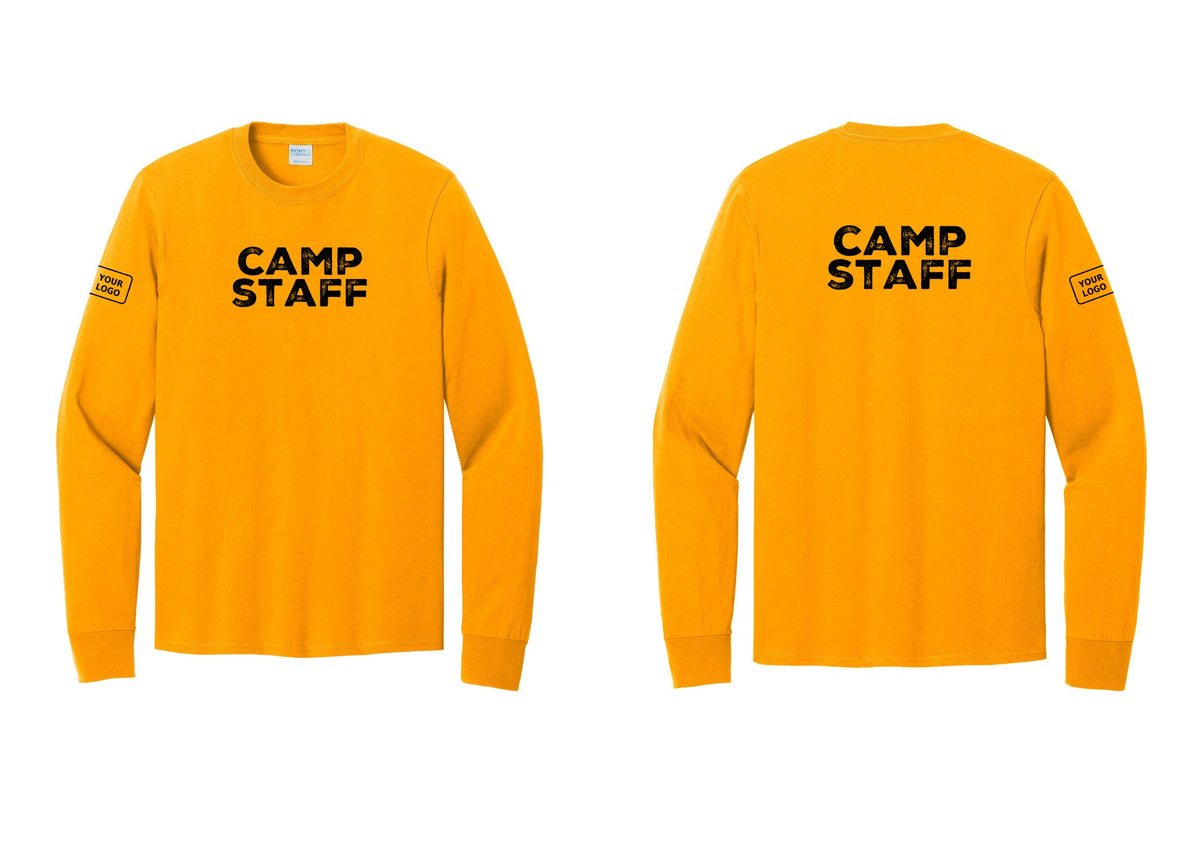 NYC Factory Custom Logo Camp Staff Cotton Long Sleeve T-Shirt (Rustic) - Front + Back + Your Logo Sleeve - Gold