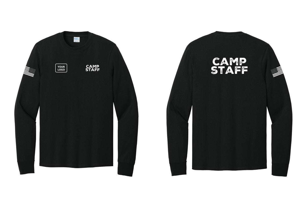 NYC Factory Custom Logo Camp Staff Cotton Long Sleeve T-Shirt (Rustic) - CAMP STAFF + Your Logo + Back + US Flag Sleeve - Black