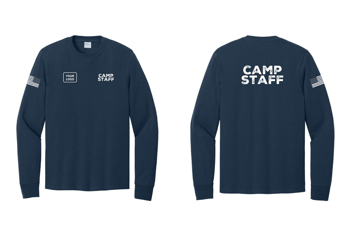 NYC Factory Custom Logo Camp Staff Cotton Long Sleeve T-Shirt (Rustic) - CAMP STAFF + Your Logo + Back + US Flag Sleeve - Navy