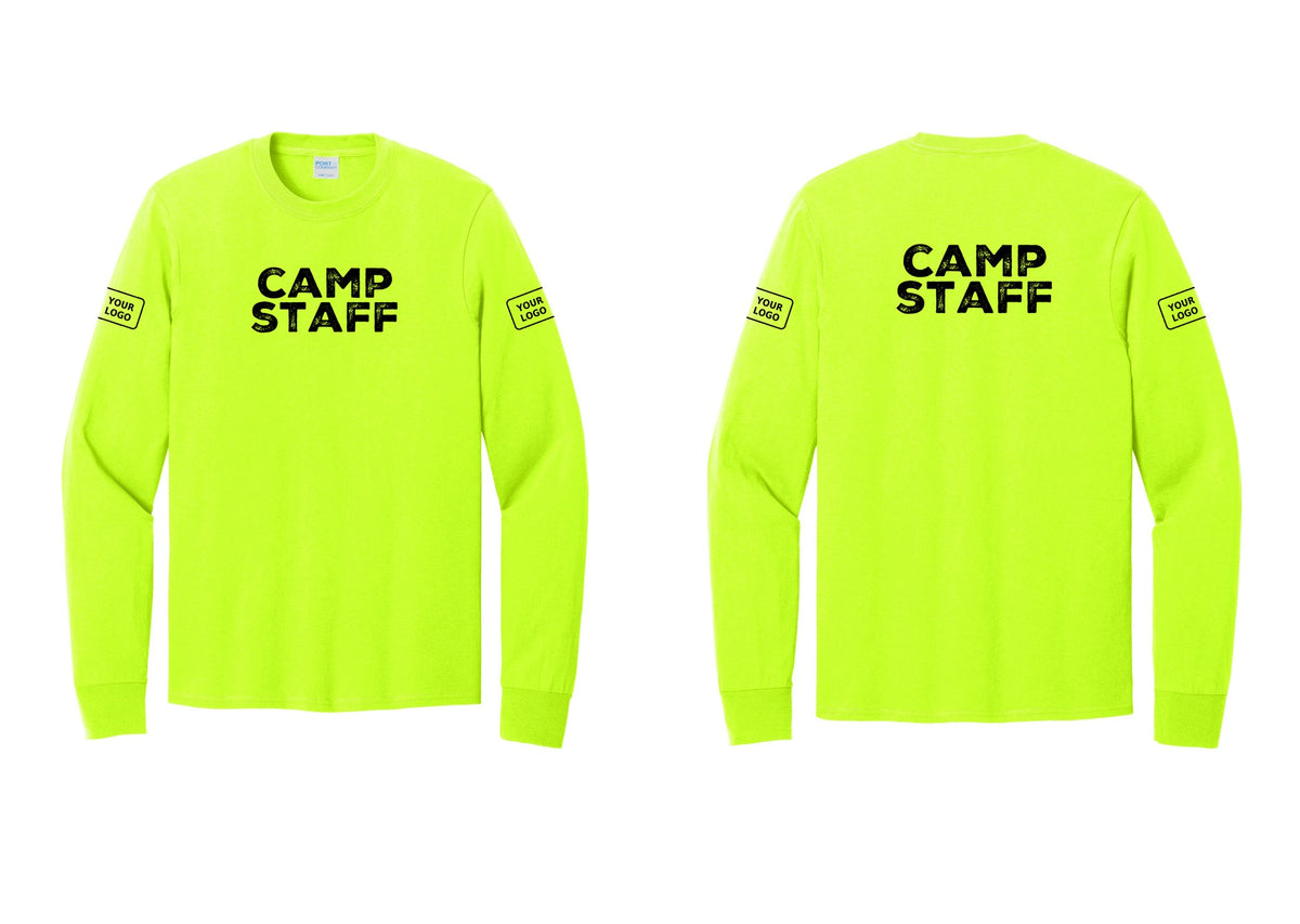 NYC Factory Custom Logo Camp Staff Cotton Long Sleeve T-Shirt (Rustic) - Front + Back + Your Logo Sleeves - Safety Green