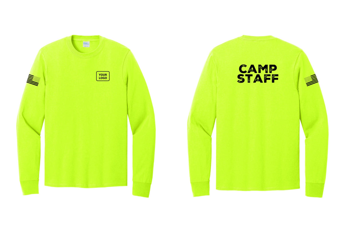 NYC Factory Custom Logo Camp Staff Cotton Long Sleeve T-Shirt (Rustic) - Your Logo + Back + US Flag Sleeve - Safety Green