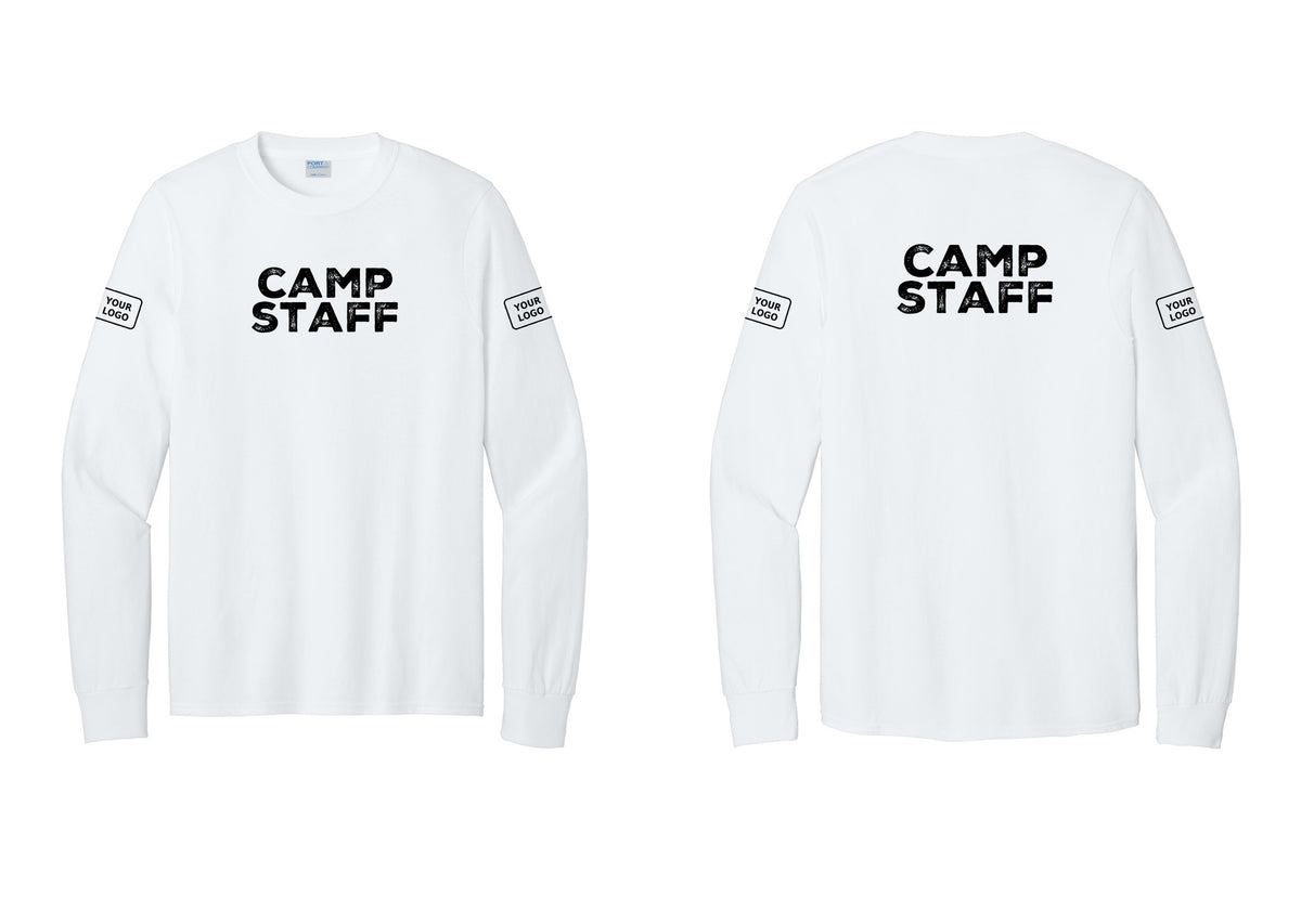 NYC Factory Custom Logo Camp Staff Cotton Long Sleeve T-Shirt (Rustic) - Front + Back + Your Logo Sleeves - White
