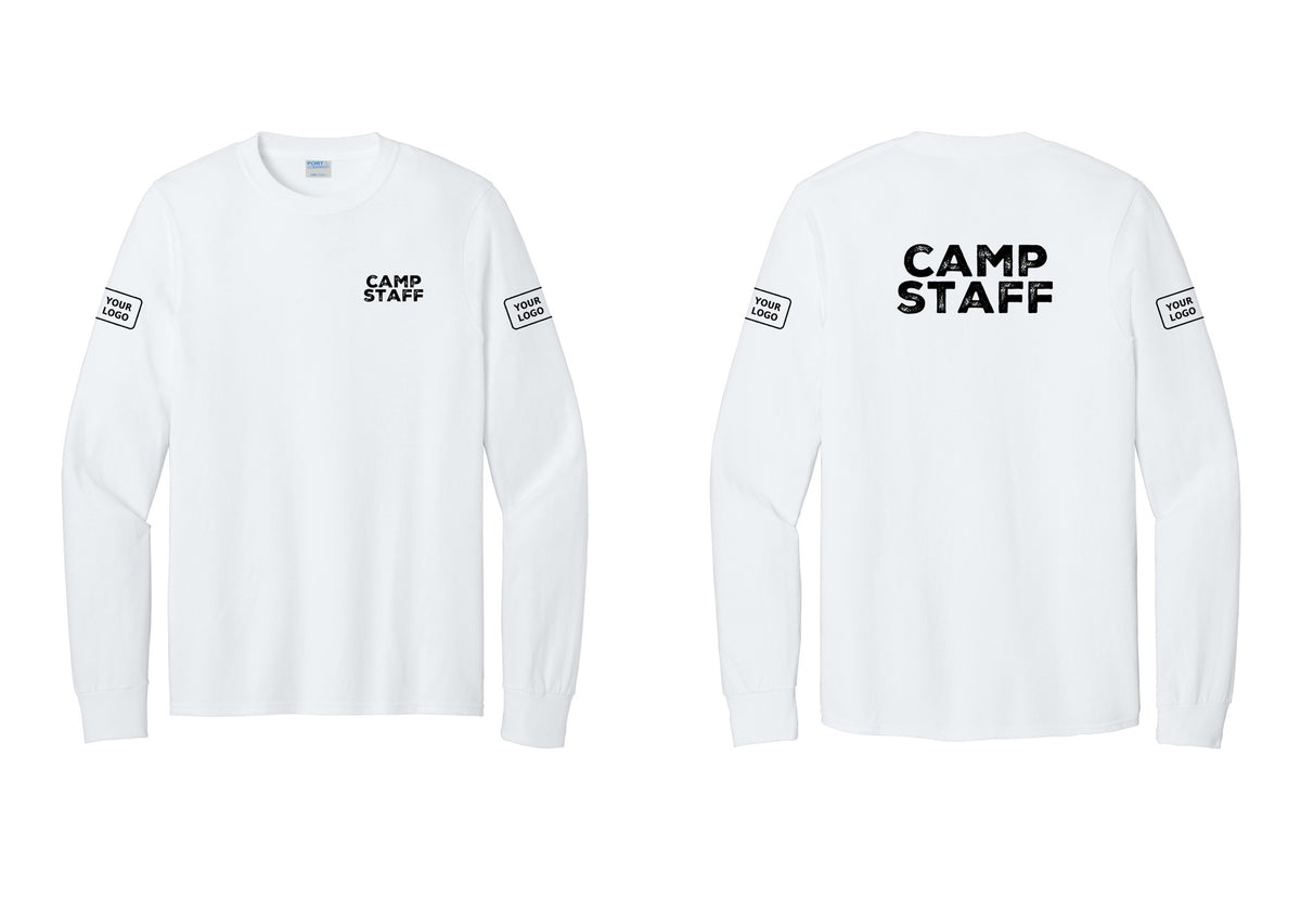 NYC Factory Custom Logo Camp Staff Cotton Long Sleeve T-Shirt (Rustic) - Chest + Back + Your Logo Sleeves - White