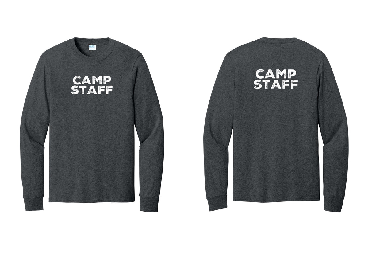 NYC Factory Camp Staff Cotton Long Sleeve T-Shirt (Rustic) - Front + Back - Dark Heather Grey