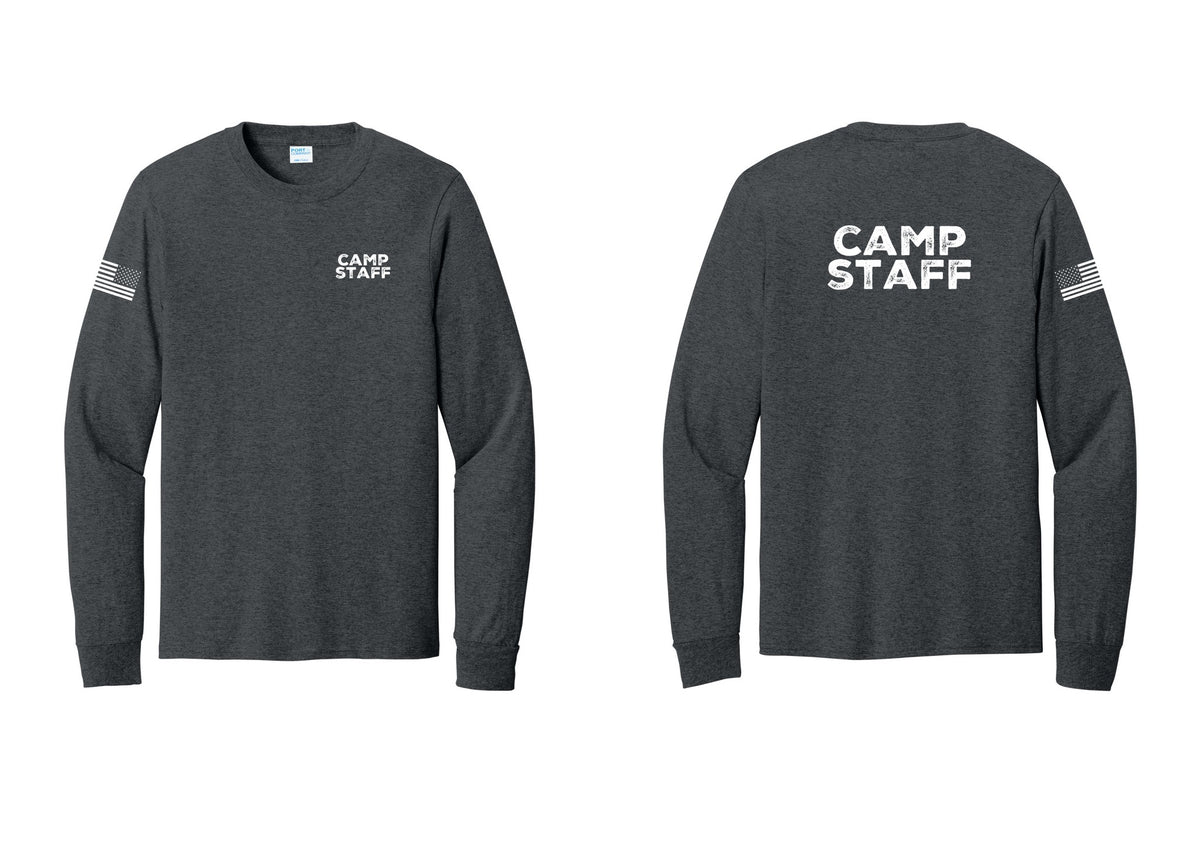 NYC Factory Camp Staff Cotton Long Sleeve T-Shirt (Rustic) - Chest + Back + US Flag Sleeve - Dark Heather Grey