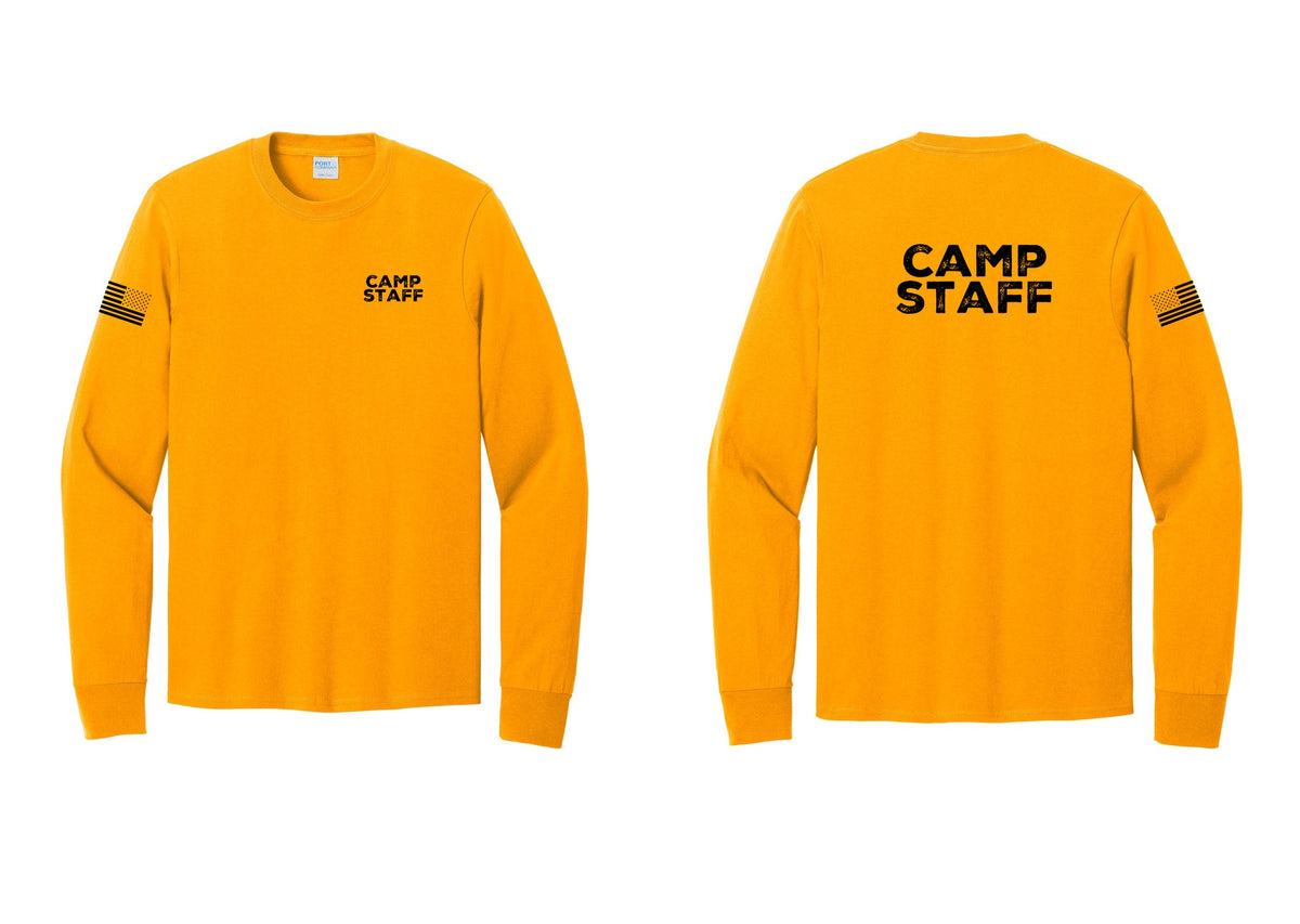 NYC Factory Camp Staff Cotton Long Sleeve T-Shirt (Rustic) - Chest + Back + US Flag Sleeve - Gold