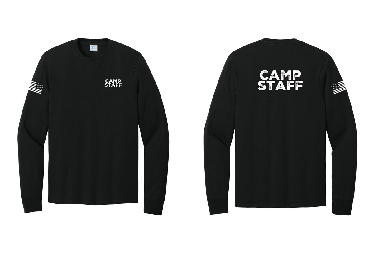 NYC Factory Camp Staff Cotton Long Sleeve T-Shirt (Rustic) - Chest + Back + US Flag Sleeve - Black