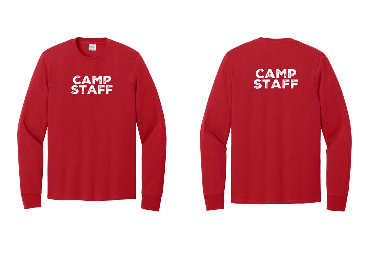 NYC Factory Camp Staff Cotton Long Sleeve T-Shirt (Rustic) - Front + Back - Red