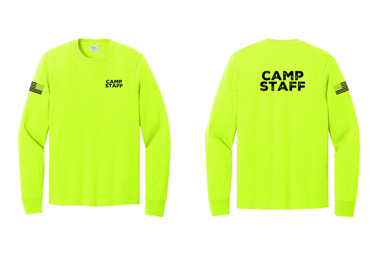 NYC Factory Camp Staff Cotton Long Sleeve T-Shirt (Rustic) - Chest + Back + US Flag Sleeve - Safety Green
