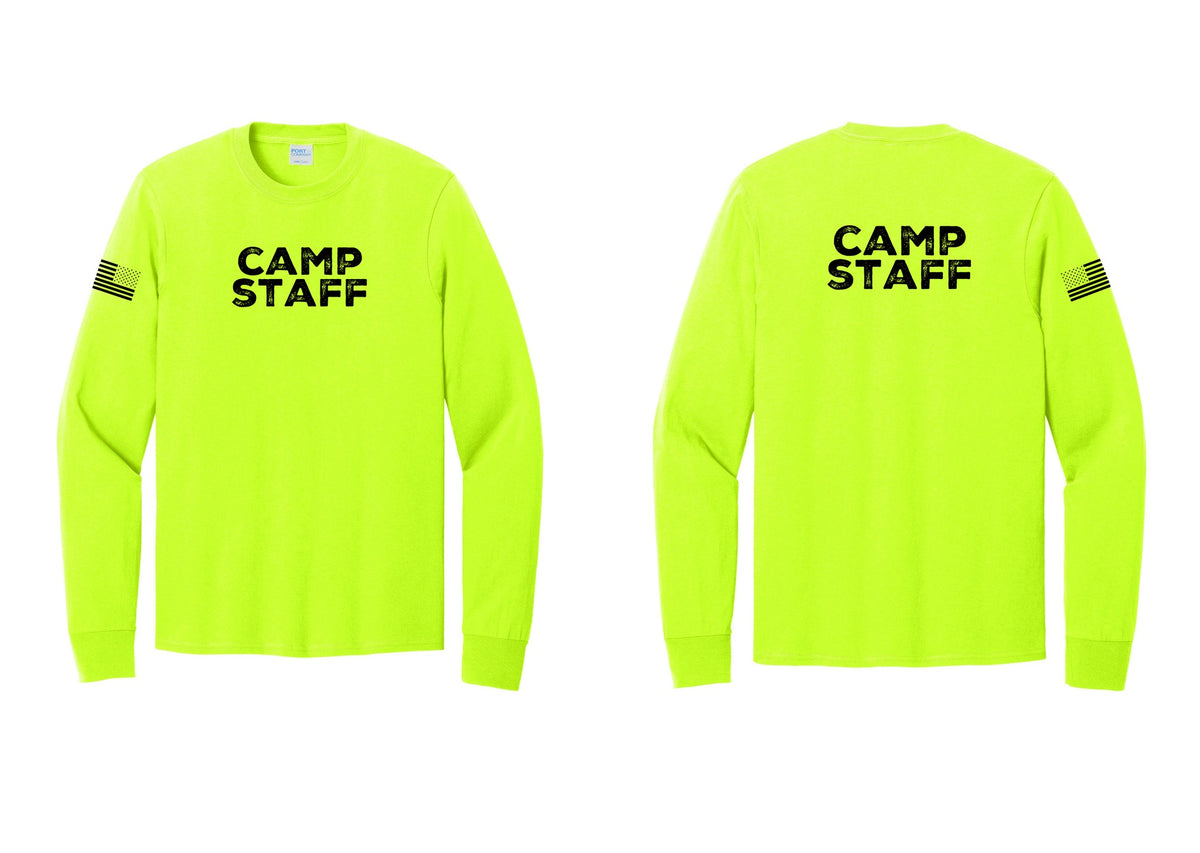 NYC Factory Camp Staff Cotton Long Sleeve T-Shirt (Rustic) - Front + Back + US Flag Sleeve - Safety Green